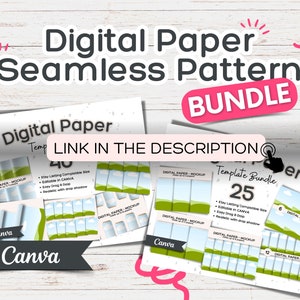 May include: A digital paper bundle with 40 and 25 seamless patterns. The patterns feature a green and blue landscape with clouds. The text "Digital Paper Template Bundle" is visible on the image. The image is a mockup of the digital paper, showing how it would look in Canva.