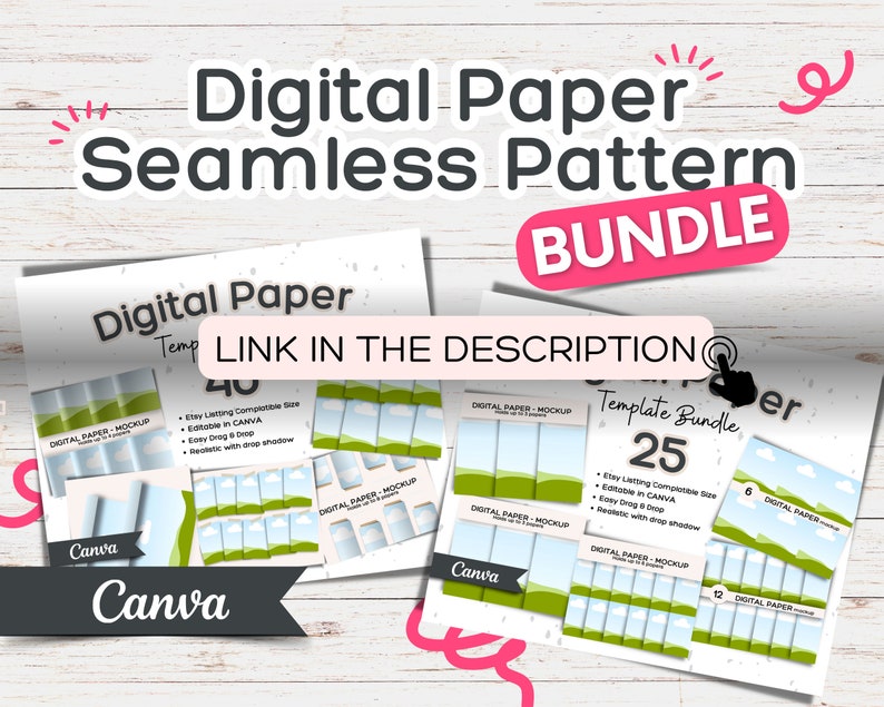 May include: A digital paper bundle with 40 and 25 seamless patterns. The patterns feature a green and blue landscape with clouds. The text "Digital Paper Template Bundle" is visible on the image. The image is a mockup of the digital paper, showing how it would look in Canva.