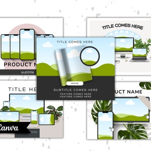 May include: Four different social media post designs featuring a green landscape with a blue sky and white clouds. The designs include a phone, a laptop, and a magazine. The text "TITLE COMES HERE" and "PRODUCT NAME" is included in the designs.