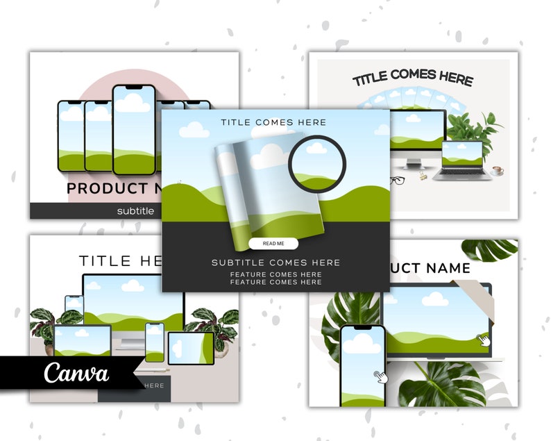 May include: Four different social media post designs featuring a green landscape with a blue sky and white clouds. The designs include a phone, a laptop, and a magazine. The text "TITLE COMES HERE" and "PRODUCT NAME" is included in the designs.