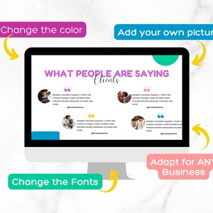 May include: A computer screen displaying a template for a "What People Are Saying" slide. The template features a colorful design with text boxes for customer testimonials, images, and a title. The text on the screen reads "What People Are Saying Clients".