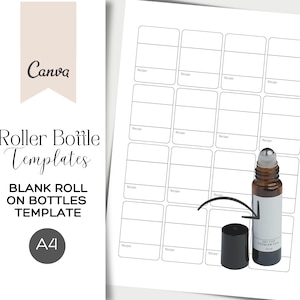 Könnte beinhalten: Druckbare A4-Tabelle mit 12 leeren Etiketten für Rollflaschen. Die Etiketten sind rechteckig mit Platz für einen Rezeptnamen und Zutaten. Neben dem Blatt ist eine Rollflasche mit einem klaren Etikett abgebildet.