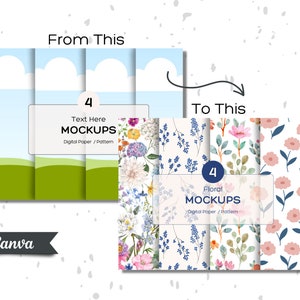 May include: Four digital paper mockups featuring floral patterns. The patterns include a blue floral pattern, a pink floral pattern, a green floral pattern, and a blue and pink floral pattern. The mockups are labeled "Floral Mockups" and "Digital Paper/Pattern".