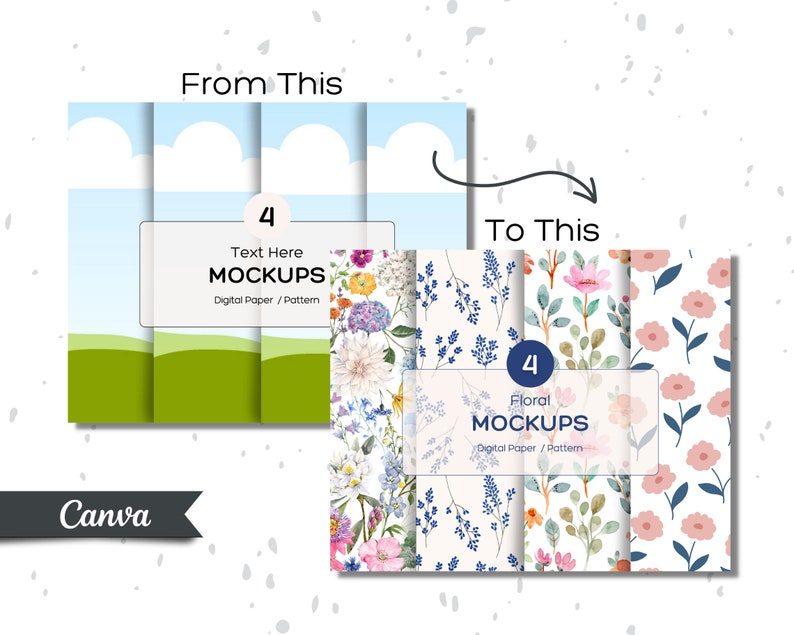 May include: Four digital paper mockups featuring floral patterns. The patterns include a blue floral pattern, a pink floral pattern, a green floral pattern, and a blue and pink floral pattern. The mockups are labeled "Floral Mockups" and "Digital Paper/Pattern".