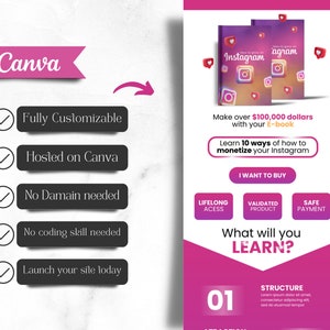May include: Pink and white graphic with the text "Canva" in a pink banner.  The graphic includes a checklist with five items: "Fully Customizable", "Hosted on Canva", "No Domain needed", "No coding skill needed", and "Launch your site today".  The graphic also includes a pink and white image of an e-book with the text "Instagram" on the cover.  The text "Make over $100,000 dollars with your E-book" is in black text.  The text "Learn 10 ways of how to monetize your Instagram" is in white text.  The text "What will you LEARN?" is in white text.  The number "01" is in a pink circle.  The text "STRUCTURE" is in black text.  The text "Lorem ipsum dolor sit amet consectetur adipiscing elit sed do eiusmod tempor" is in black text.