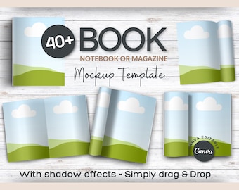 May include: A digital mockup template for a book, notebook, or magazine featuring multiple layouts with a landscape graphic of green hills and white clouds against a blue sky. Text includes 40+ BOOK NOTEBOOK OR MAGAZINE Mockup Template, Canva Editable, and With shadow effects - Simply drag & Drop.
