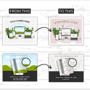 May include: Two examples of how to create a digital product cover. The first example shows a laptop, tablet, and phone with a green background and the text "TITLE COMES HERE". The second example shows a book with a green background and the text "TITLE COMES HERE" and "SUBTITLE COMES HERE".