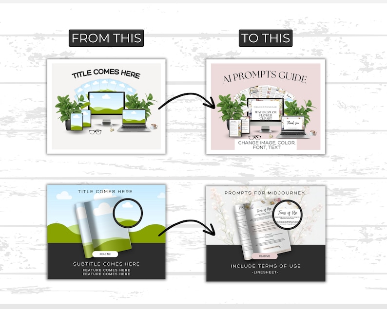 May include: Two examples of how to create a digital product cover. The first example shows a laptop, tablet, and phone with a green background and the text "TITLE COMES HERE". The second example shows a book with a green background and the text "TITLE COMES HERE" and "SUBTITLE COMES HERE".