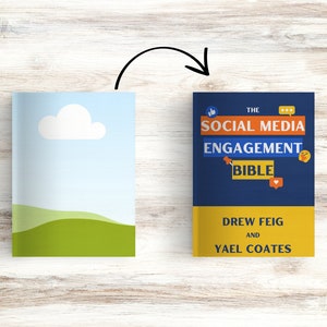 May include: A blue book with the title "The Social Media Engagement Bible" by Drew Feig and Yael Coates. The cover features social media icons and a heart.
