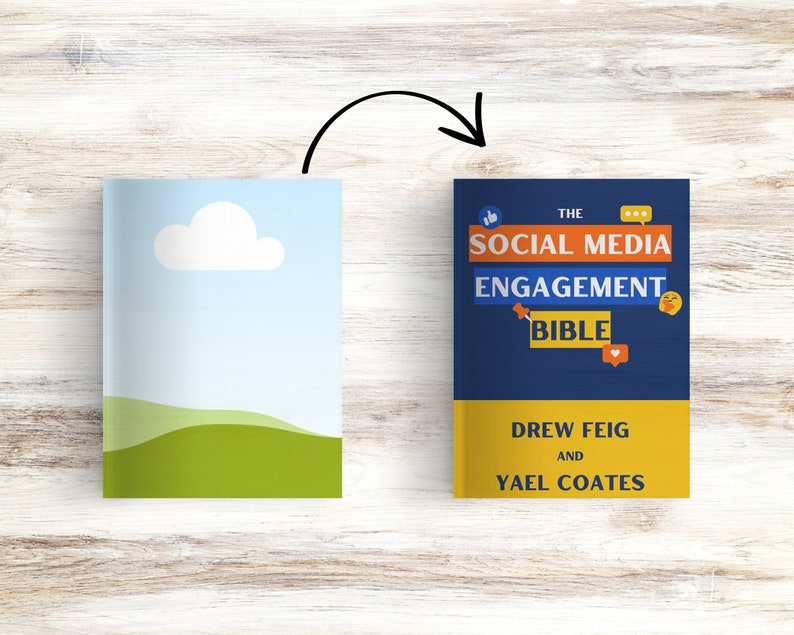 May include: A blue book with the title "The Social Media Engagement Bible" by Drew Feig and Yael Coates. The cover features social media icons and a heart.