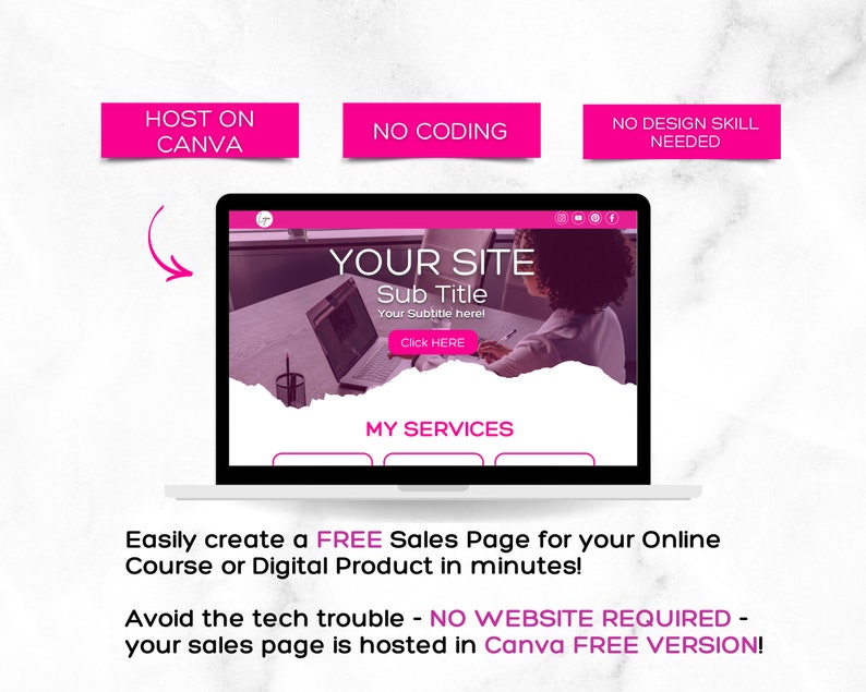 Pu&ograve; includere: Un mockup di uno schermo di laptop che mostra un modello di sito web per un corso online o un prodotto digitale. Il sito web &egrave; progettato in Canva e presenta una combinazione di colori rosa e bianco. Il testo sullo schermo recita "Your Site", "Sub Title", "Click Here" e "My Services". Il testo sotto lo schermo del laptop recita "Crea facilmente una pagina di vendita GRATUITA per il tuo corso online o prodotto digitale in pochi minuti! Evita i problemi tecnici - NON &Egrave; NECESSARIO UN SITO WEB - la tua pagina di vendita &egrave; ospitata in Canva VERSIONE GRATUITA!"