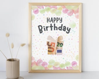 Cartão-presente de aniversário em dinheiro • Modelo de presente em dinheiro para imprimir (download em PDF)