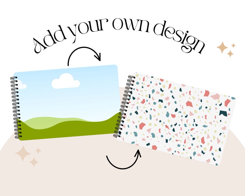 May include: Two spiral bound notebooks with different designs. One notebook has a blue sky with a white cloud and green hills. The other notebook has a white background with a terrazzo pattern in shades of pink, blue, green, and yellow. The text "Add your own design" is above the notebooks.