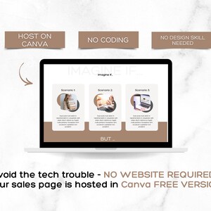 Puede incluir: Un port&aacute;til que muestra una presentaci&oacute;n con el texto "IMAGINE IF..." y tres escenarios. La imagen incluye las frases "HOST ON CANVA", "NO CODING" y "NO DESIGN SKILL NEEDED". El texto inferior dice "Avoid the tech trouble - NO WEBSITE REQUIRED - your sales page is hosted in Canva FREE VERSION!"