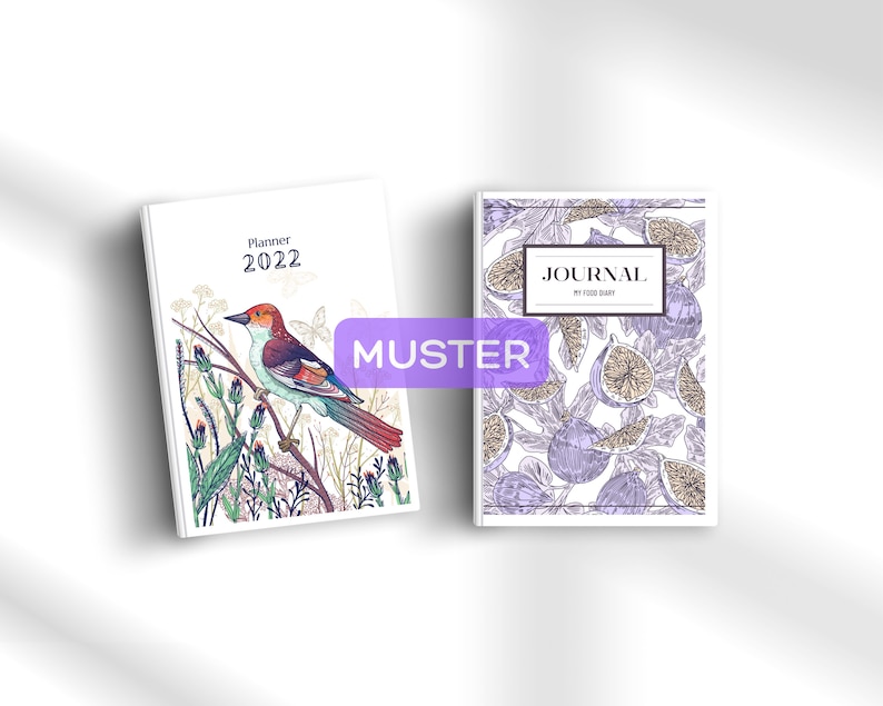 May include: Two book covers with different designs. The left cover features a colorful bird perched on a branch with flowers and leaves. The text on the cover reads "Planner 2022". The right cover features a purple and white pattern of figs. The text on the cover reads "JOURNAL MY FOOD DIARY".