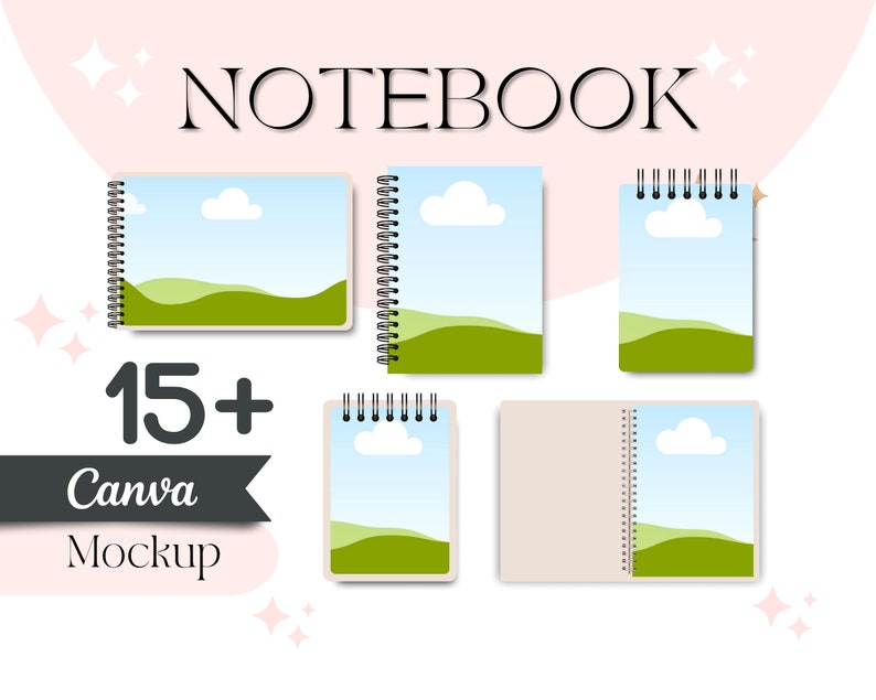 May include: A set of 15+ Canva notebook mockups featuring a variety of designs with a blue sky, white clouds, and green hills. The text "NOTEBOOK" is at the top of the image, and the text "15+ Canva Mockup" is at the bottom of the image.