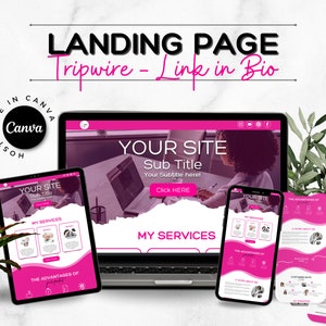 May include: A mockup of a landing page design for a website. The design is pink and white with the text "Your Site" and "Sub Title" in a large font. The landing page is shown on a laptop, tablet, and phone.