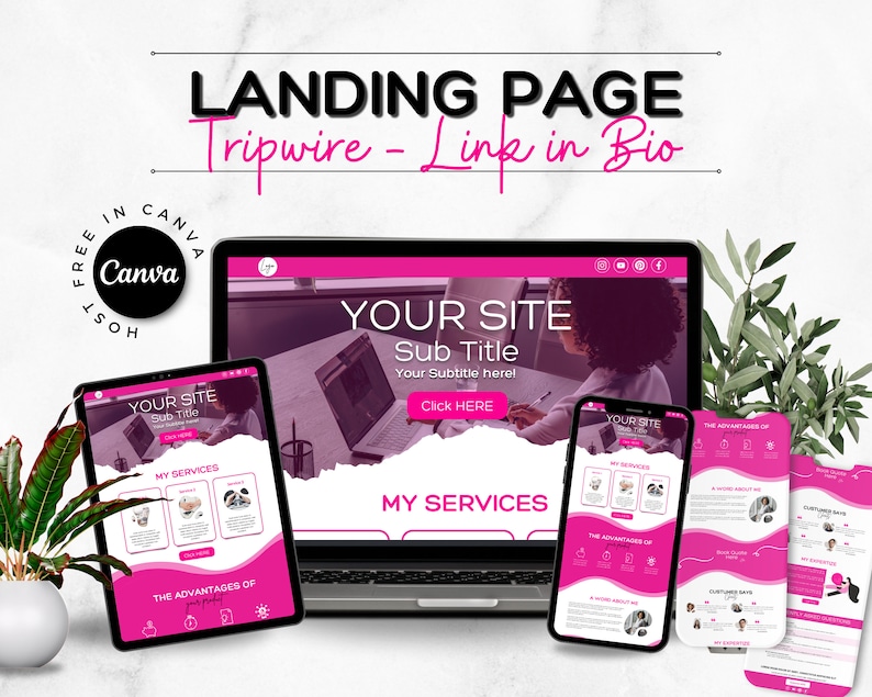 Pu&ograve; includere: Un mockup di un design di pagina di destinazione per un sito web. Il design &egrave; rosa e bianco con il testo "Your Site" e "Sub Title" in un carattere grande. La pagina di destinazione &egrave; mostrata su un laptop, un tablet e un telefono.