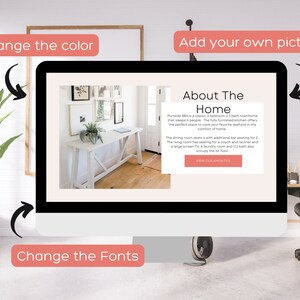 May include: A computer screen mockup showing a website design for a home rental. The website features a photo of a living room with a white console table and a plant. The text on the screen reads "About The Home" and "Portside 880 is a classic 2 bedroom 2.5 bath townhome that sleeps 6 people. The fully furnished kitchen offers the perfect place to cook your favorite seafood in the comfort of home."