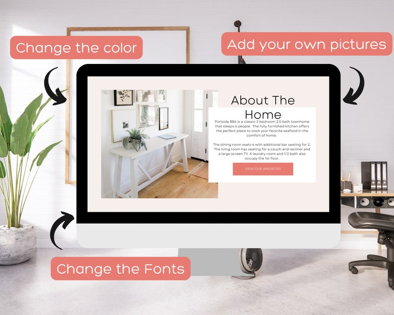 May include: A computer screen mockup showing a website design for a home rental. The website features a photo of a living room with a white console table and a plant. The text on the screen reads "About The Home" and "Portside 880 is a classic 2 bedroom 2.5 bath townhome that sleeps 6 people. The fully furnished kitchen offers the perfect place to cook your favorite seafood in the comfort of home."
