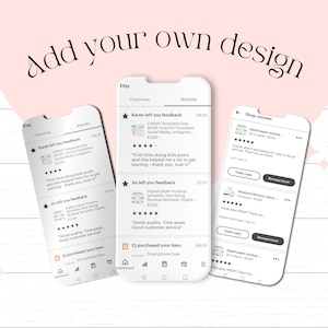 May include: A screenshot of an Etsy app showing positive customer reviews for digital paper mockups, Canva templates, and Etsy listing mockups. The reviews highlight the quality, time-saving features, and helpfulness of the products.