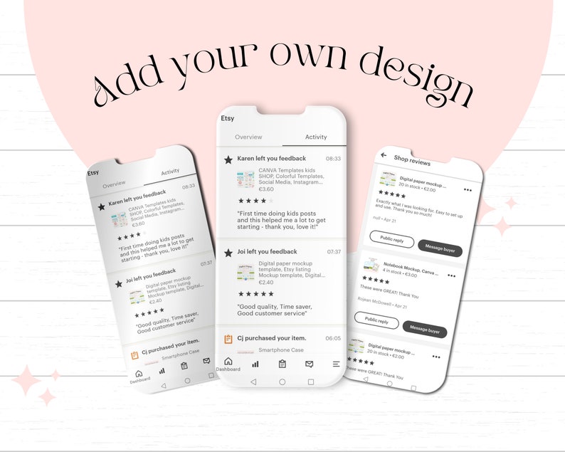 May include: A screenshot of an Etsy app showing positive customer reviews for digital paper mockups, Canva templates, and Etsy listing mockups. The reviews highlight the quality, time-saving features, and helpfulness of the products.