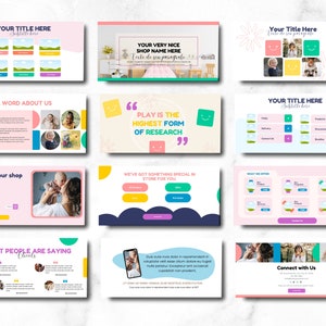 May include: A colorful presentation template with a pink and white background. The template features a variety of images, text, and graphics, including a smiling child, a shop name, and a quote about play. The template is designed for use in a business presentation.
