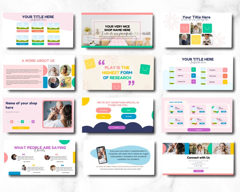May include: A colorful presentation template with a pink and white background. The template features a variety of images, text, and graphics, including a smiling child, a shop name, and a quote about play. The template is designed for use in a business presentation.