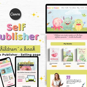 May include: A website for self-publishing children's books. The website features a colourful design with illustrations of monsters and a quote about reading. The website also includes a section for selling books and online courses.