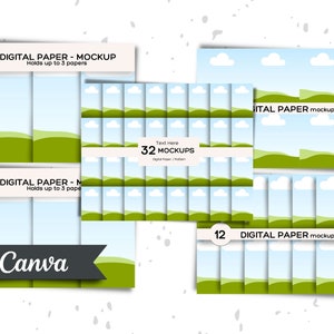 May include: A digital paper mockup with 32 different designs featuring a blue sky with white clouds and green hills. The text "Text Here 32 MOCKUPS Digital Paper / Pattern" is on a white banner.