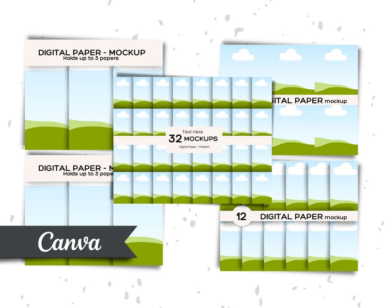 May include: A digital paper mockup with 32 different designs featuring a blue sky with white clouds and green hills. The text "Text Here 32 MOCKUPS Digital Paper / Pattern" is on a white banner.
