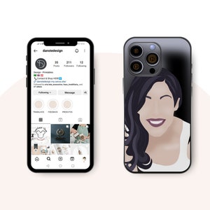 May include: A black phone case with a digital illustration of a woman with long dark hair smiling. The phone case has a black camera bump with three lenses.