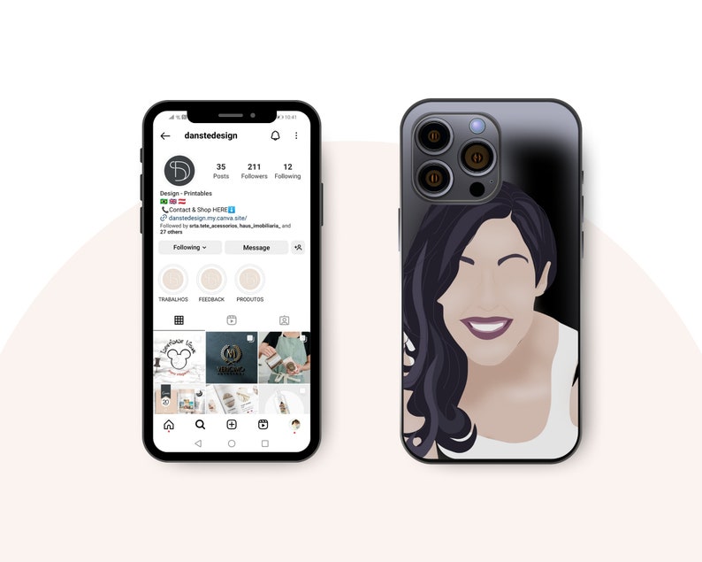 May include: A black phone case with a digital illustration of a woman with long dark hair smiling. The phone case has a black camera bump with three lenses.
