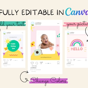 May include: Three Instagram post templates with a pink background. The first template features a yellow sun, a green circle with the text "Kiddie Holiday Sale", and a yellow flower. The second template features a baby lying on a pink heart with a yellow camera in the bottom left corner. The third template features a rainbow with the text "HELLO" in white.