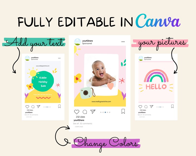 May include: Three Instagram post templates with a pink background. The first template features a yellow sun, a green circle with the text "Kiddie Holiday Sale", and a yellow flower. The second template features a baby lying on a pink heart with a yellow camera in the bottom left corner. The third template features a rainbow with the text "HELLO" in white.