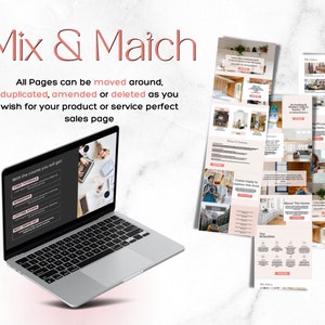 May include: A laptop computer displaying a website with the text "Mix & Match" and the phrase "All Pages can be moved around, duplicated, amended or deleted as you wish for your product or service perfect sales page". The website also includes a list of features with the text "With the course you will get" and a list of items including "Video Tutorials", "Workbooks", "Lifetime Access", and "Most Importantly".