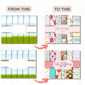 May include: A before and after image showing how to create cute patterns from simple designs. The original image shows a simple design of clouds and grass. The final image shows a collection of cute patterns with animals, flowers, and geometric shapes. The text "Cute Patterns PNG - SVG" is included in the image.