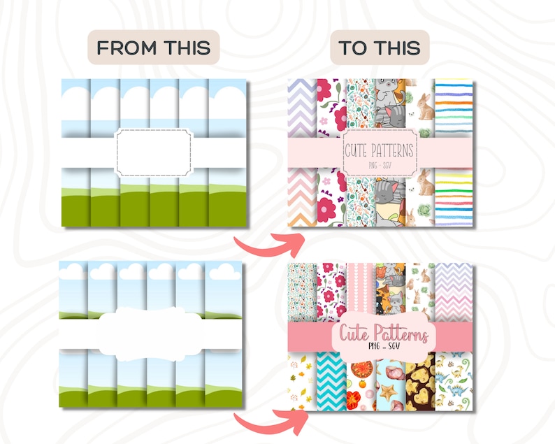 May include: A before and after image showing how to create cute patterns from simple designs. The original image shows a simple design of clouds and grass. The final image shows a collection of cute patterns with animals, flowers, and geometric shapes. The text "Cute Patterns PNG - SVG" is included in the image.