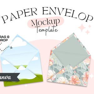 Op de afbeelding: Twee open papieren envelop-mockups. Eén heeft een lucht- en grasontwerp, de andere een bloemenpatroon. De tekst luidt "PAPER ENVELOPE Mockup Template" en "Drag & Drop". Het Canva-logo is ook aanwezig.