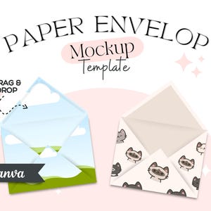 May include: Two open paper envelopes. One has a sky and landscape design, the other a pattern of cartoon cat faces. Text at the top reads "PAPER ENVELOPE Mockup Template". The word "Canva" is in a banner at the bottom left.