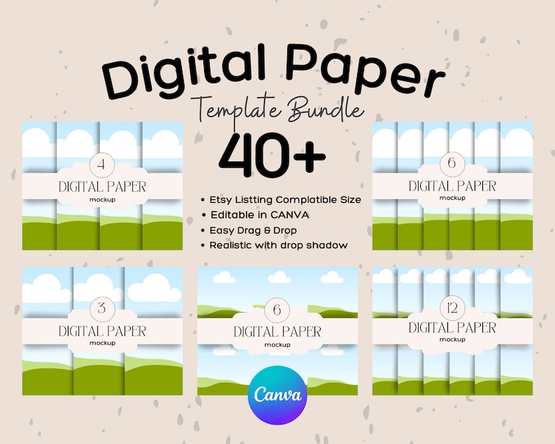 May include: A digital paper template bundle with 40+ designs featuring a green grassy landscape with blue sky and white clouds. The text "Digital Paper Template Bundle 40+" is displayed in the center of the image. The text "Etsy Listing Compatible Size, Editable in CANVA, Easy Drag & Drop, Realistic with drop shadow" is displayed on the right side of the image.