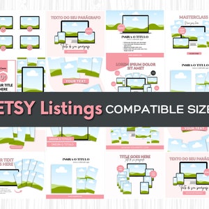 May include: A collection of digital product mockups for Etsy listings. The mockups feature a laptop, tablet, and smartphone with a green and blue landscape background. The text "Etsy Listings Compatible Size" is displayed in pink and black.