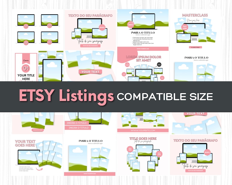 May include: A collection of digital product mockups for Etsy listings. The mockups feature a laptop, tablet, and smartphone with a green and blue landscape background. The text "Etsy Listings Compatible Size" is displayed in pink and black.