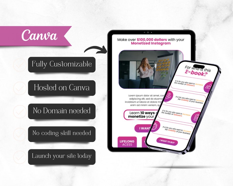 May include: A pink and black Canva landing page with a white background. The page features a pink banner with the word "Canva" in white text. Below the banner are five black buttons with white checkmarks and text. The buttons read "Fully Customizable", "Hosted on Canva", "No Domain needed", "No coding skill needed", and "Launch your site today". The page also features a screenshot of a tablet and a smartphone. The tablet shows a screenshot of a Canva landing page with the text "Make over $100,000 dollars with your Monetized Instagram". The smartphone shows a screenshot of a Canva landing page with the text "For who is this E-book?" and a list of four bullet points.
