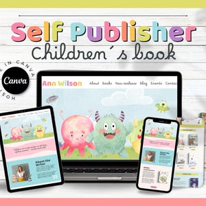 Peut inclure: Un écran d'ordinateur portable affichant un site Web pour un auteur de livres pour enfants. Le site Web présente une illustration colorée de trois monstres amicaux. Le texte sur le site Web indique "Ann Wilson" et "À propos de l'auteur".