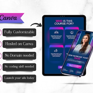 Puede incluir: Una maqueta de un sitio web en una tableta y una pantalla de tel&eacute;fono. El sitio web es para un curso sobre c&oacute;mo aumentar las ventas. El sitio web es completamente personalizable, alojado en Canva y no requiere ninguna habilidad de codificaci&oacute;n. El sitio web se puede lanzar hoy.