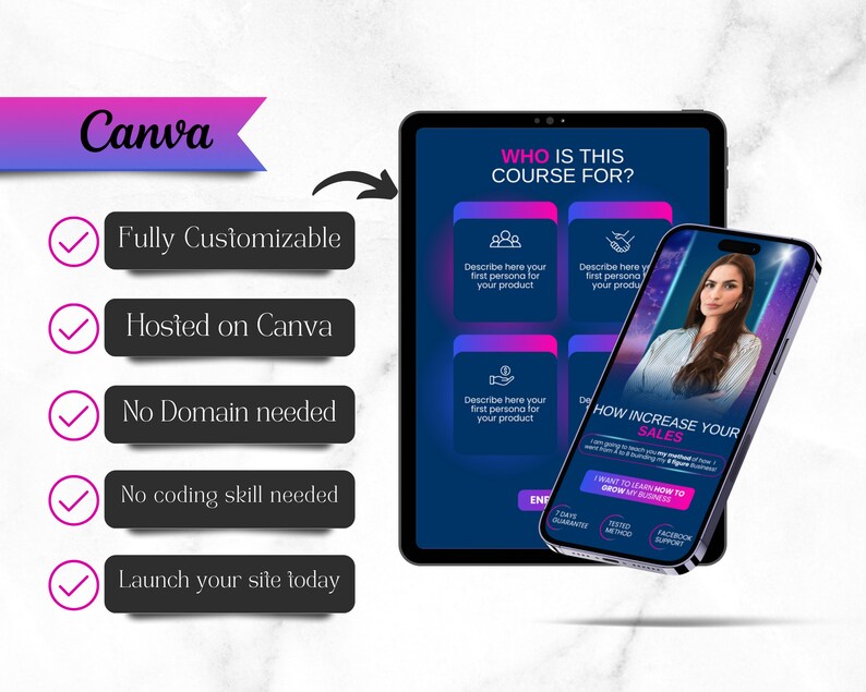 Puede incluir: Una maqueta de un sitio web en una tableta y una pantalla de tel&eacute;fono. El sitio web es para un curso sobre c&oacute;mo aumentar las ventas. El sitio web es completamente personalizable, alojado en Canva y no requiere ninguna habilidad de codificaci&oacute;n. El sitio web se puede lanzar hoy.