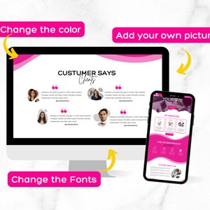 Pu&ograve; includere: Un mockup di uno schermo di computer che mostra un modello rosa e bianco con il testo "CUSTOMER SAYS Clients" e diverse testimonianze di clienti. Lo schermo &egrave; accanto a un mockup di un telefono cellulare che mostra un sito web con il testo "YOUR SITE" e "MY SERVICES".