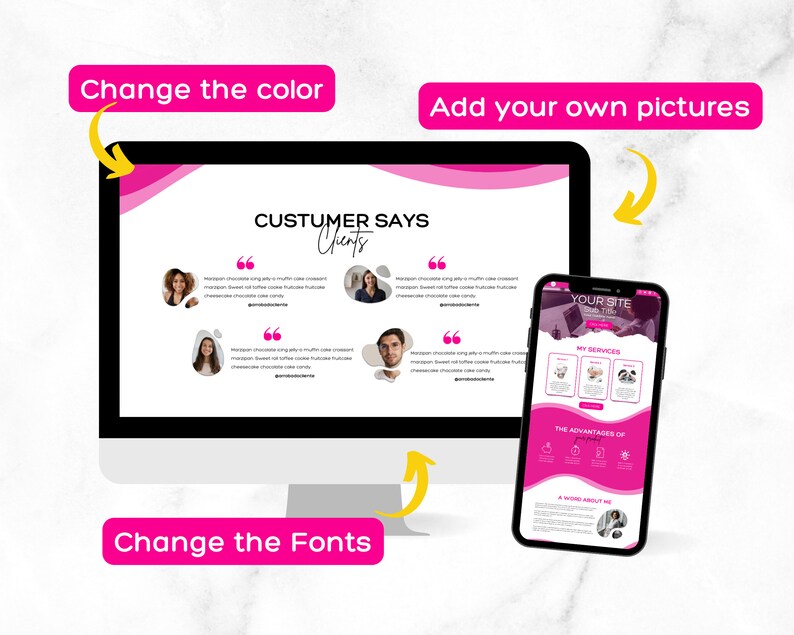 Pu&ograve; includere: Un mockup di uno schermo di computer che mostra un modello rosa e bianco con il testo "CUSTOMER SAYS Clients" e diverse testimonianze di clienti. Lo schermo &egrave; accanto a un mockup di un telefono cellulare che mostra un sito web con il testo "YOUR SITE" e "MY SERVICES".
