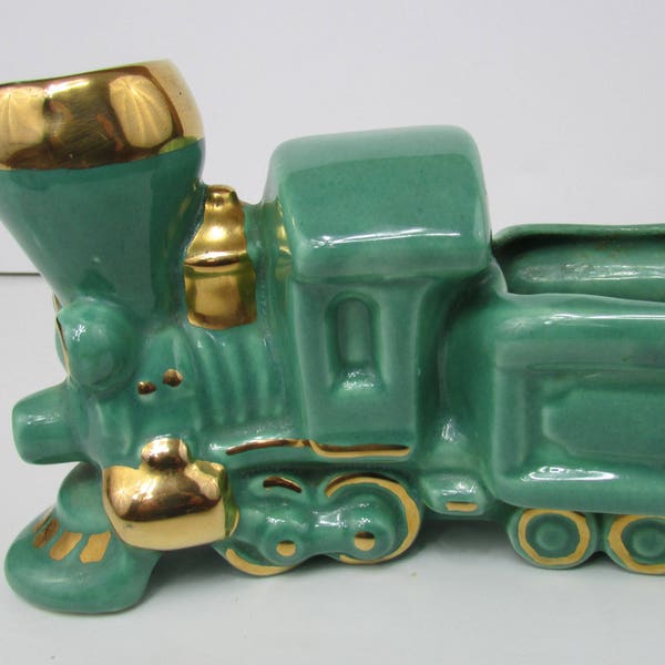 Train Engine and Coal Car Ceramic, and Pottery Planter Mid Century Green With Gold Embellishments